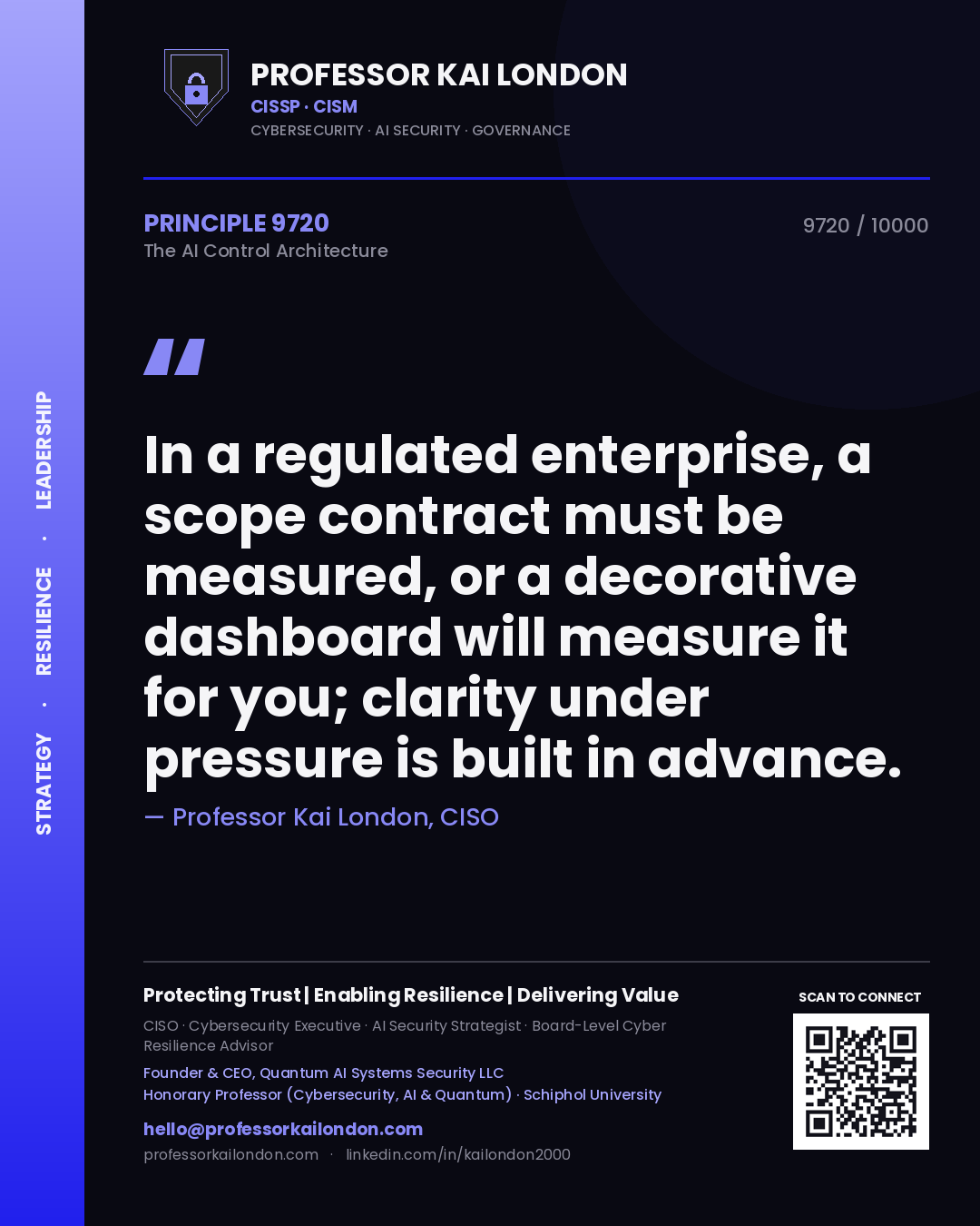 Quote card by Professor Kai London reading 'In a regulated enterprise, a scope contract must be measured, or a decorative dashboard will measure it for you; clarity under pressure is built in advance.'. From the book The AI Control Architecture.