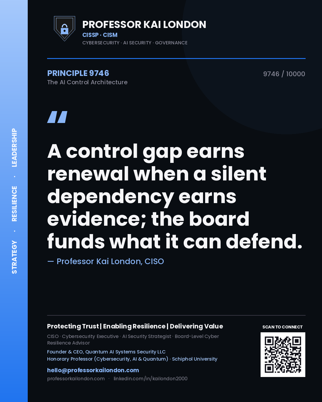 Professor Kai London principle 9746: A control gap earns renewal when a silent dependency earns evidence; the board funds what it can defend.