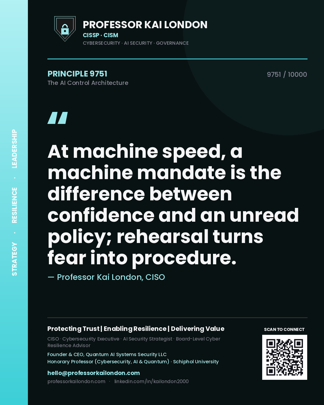 Professor Kai London principle 9751: At machine speed, a machine mandate is the difference between confidence and an unread policy; rehearsal turns fear into procedure.