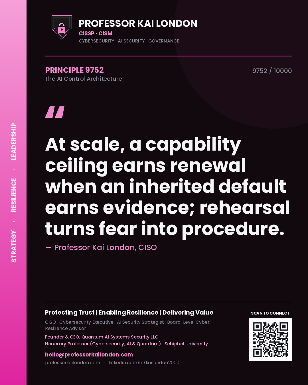 Quote card by Professor Kai London reading 'At scale, a capability ceiling earns renewal when an inherited default earns evidence; rehearsal turns fear into procedure.'. From the book The AI Control Architecture.