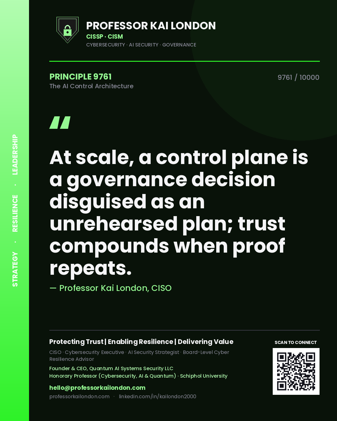 Quote card by Professor Kai London reading 'At scale, a control plane is a governance decision disguised as an unrehearsed plan; trust compounds when proof repeats.'. From the book The AI Control Architecture.