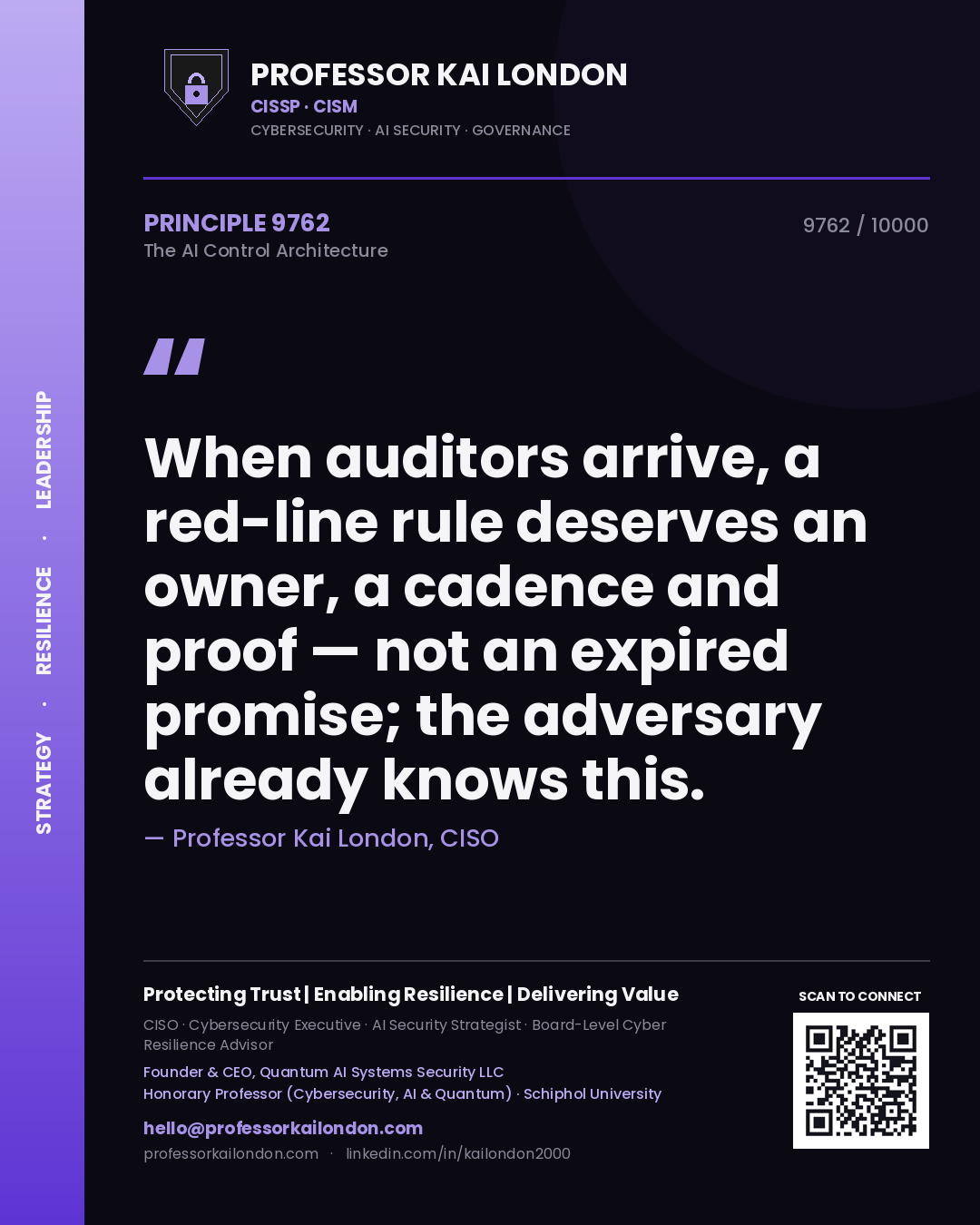 Professor Kai London principle 9762: When auditors arrive, a red-line rule deserves an owner, a cadence and proof — not an expired promise; the adversary already knows this.