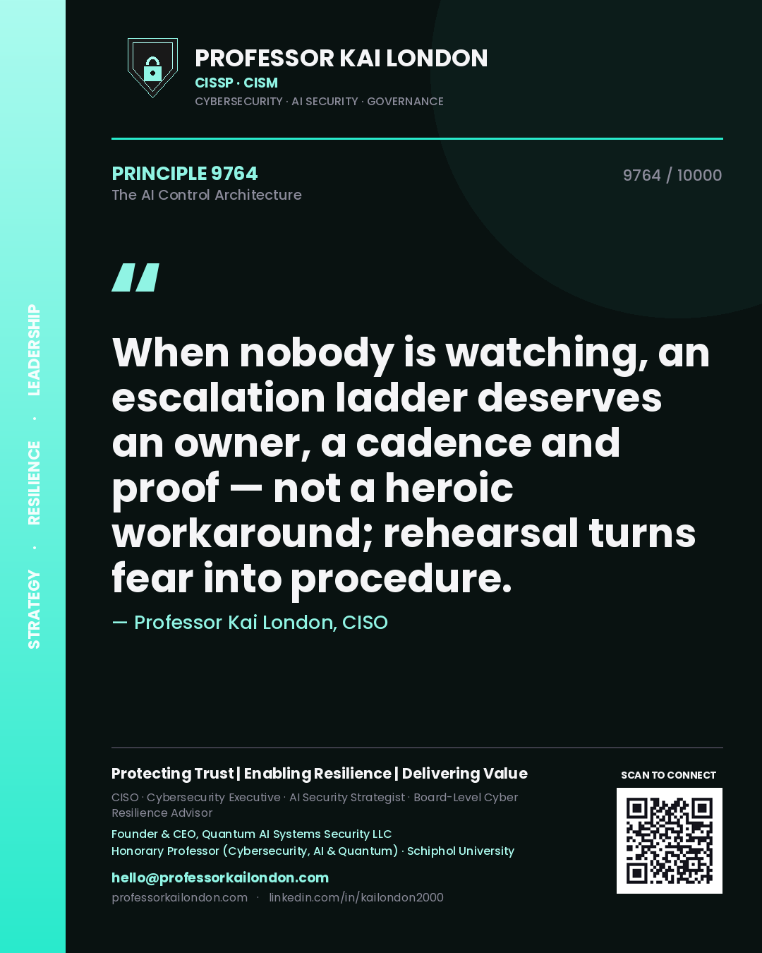 Professor Kai London principle 9764: When nobody is watching, an escalation ladder deserves an owner, a cadence and proof — not a heroic workaround; rehearsal turns fear into procedure.