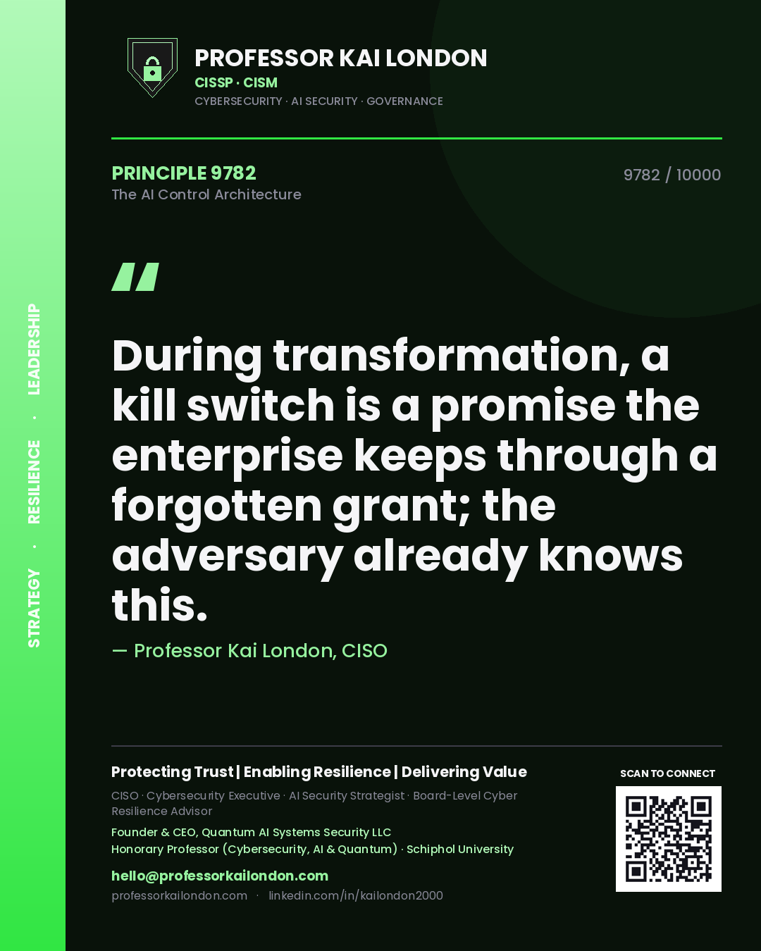 Quote card by Professor Kai London reading 'During transformation, a kill switch is a promise the enterprise keeps through a forgotten grant; the adversary already knows this.'. From the book The AI Control Architecture.