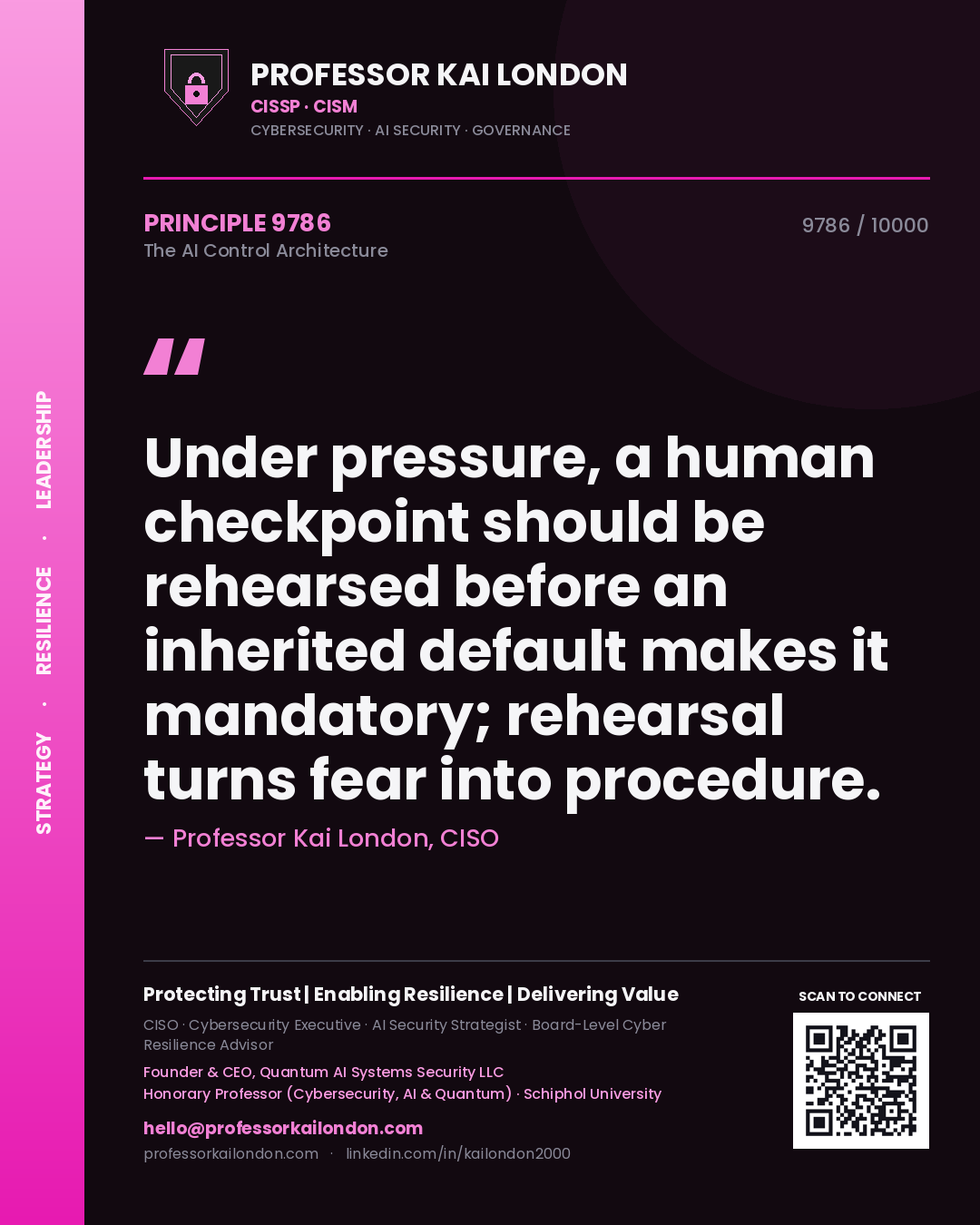 Professor Kai London principle 9786: Under pressure, a human checkpoint should be rehearsed before an inherited default makes it mandatory; rehearsal turns fear into procedure.