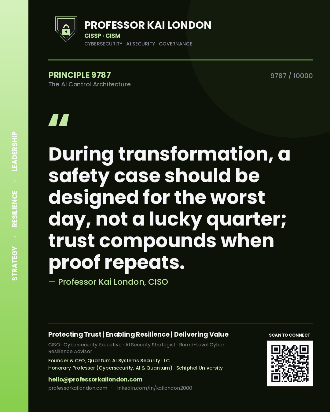 Quote card by Professor Kai London reading 'During transformation, a safety case should be designed for the worst day, not a lucky quarter; trust compounds when proof repeats.'. From the book The AI Control Architecture.