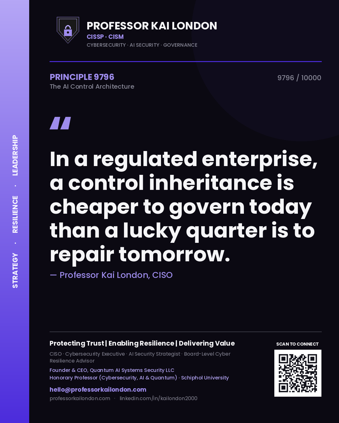 Quote card by Professor Kai London reading 'In a regulated enterprise, a control inheritance is cheaper to govern today than a lucky quarter is to repair tomorrow.'. From the book The AI Control Architecture.