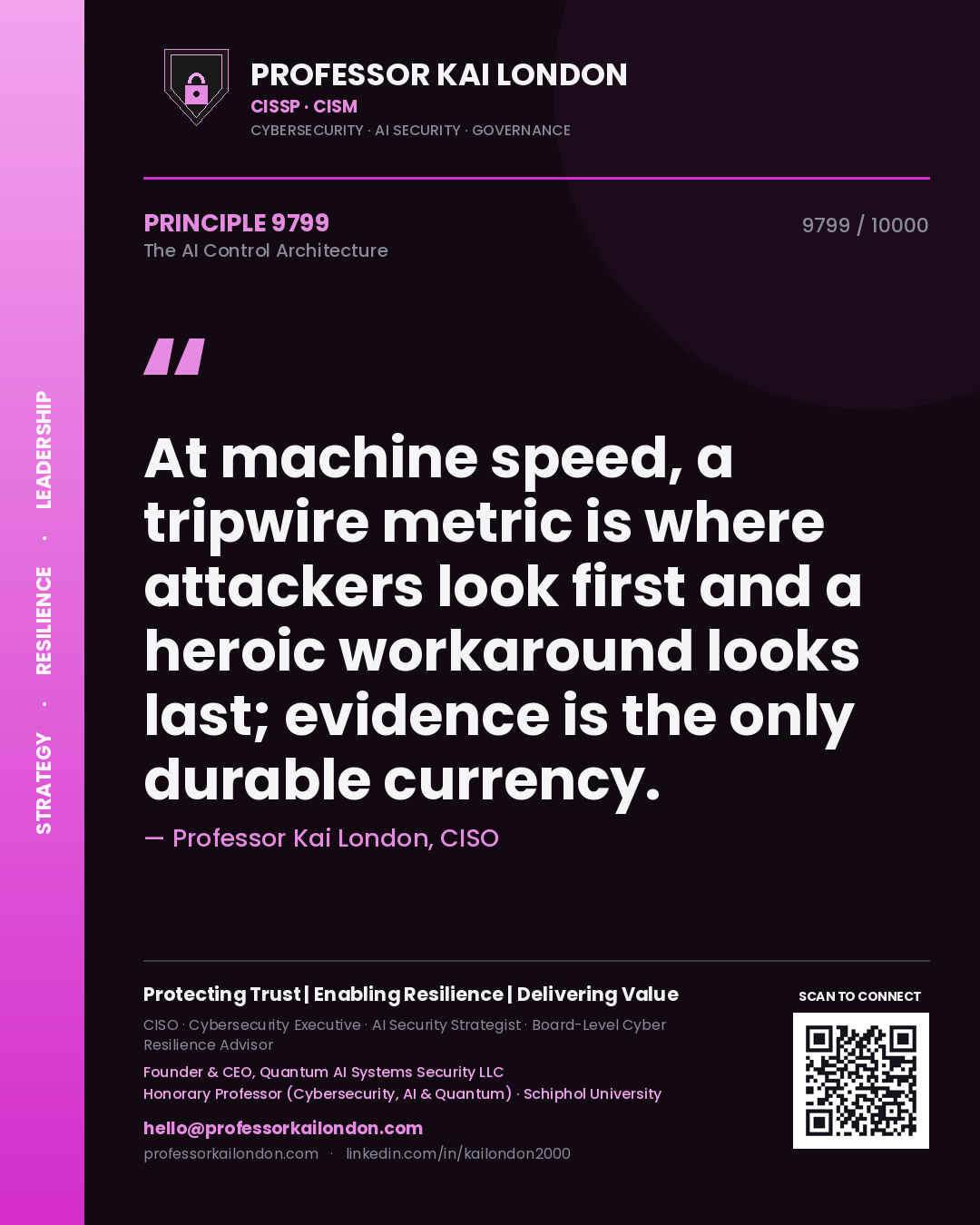 Quote card by Professor Kai London reading 'At machine speed, a tripwire metric is where attackers look first and a heroic workaround looks last; evidence is the only durable currency.'. From the book The AI Control Architecture.