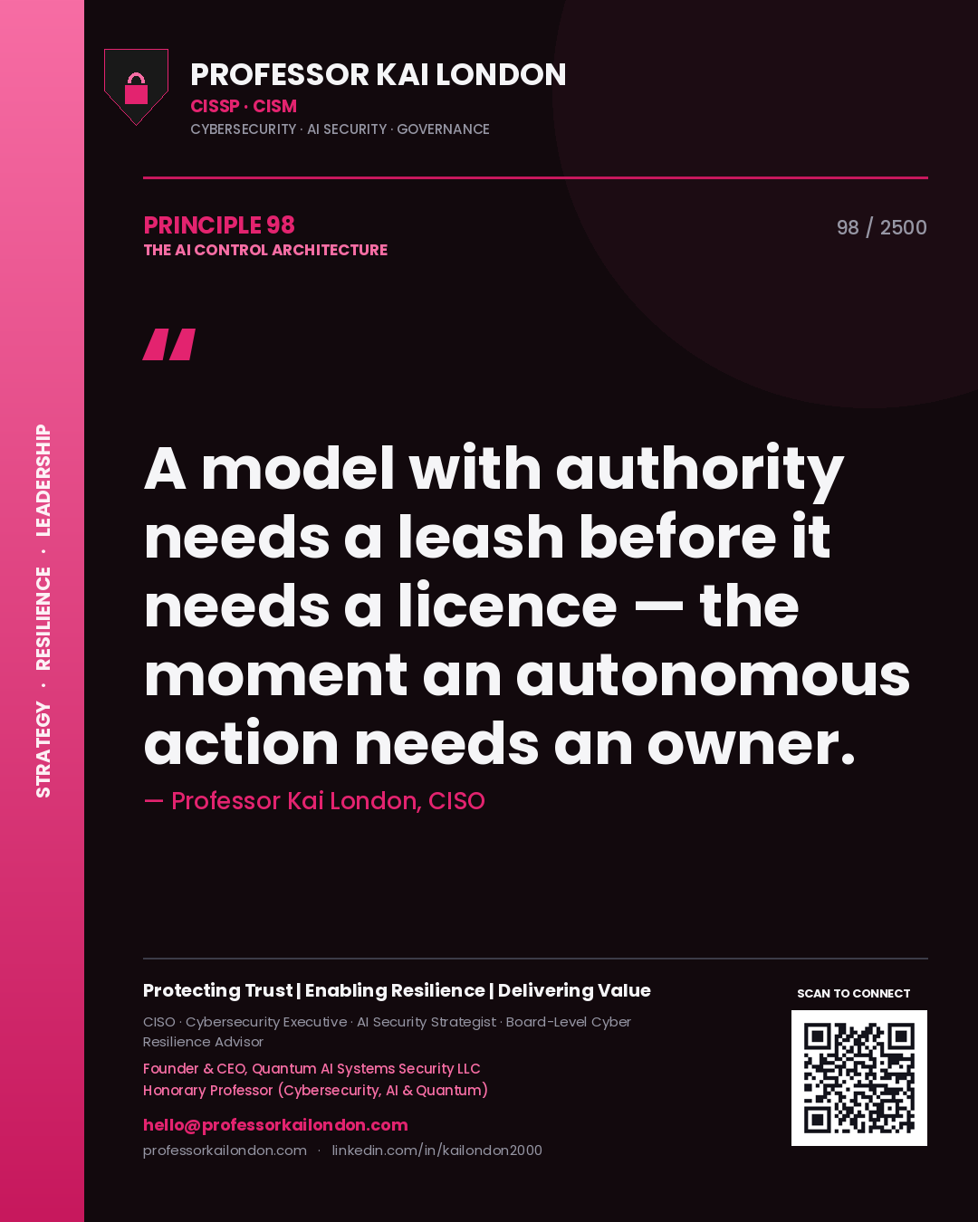 Professor Kai London principle 98: A model with authority needs a leash before it needs a licence — the moment an autonomous action needs an owner.