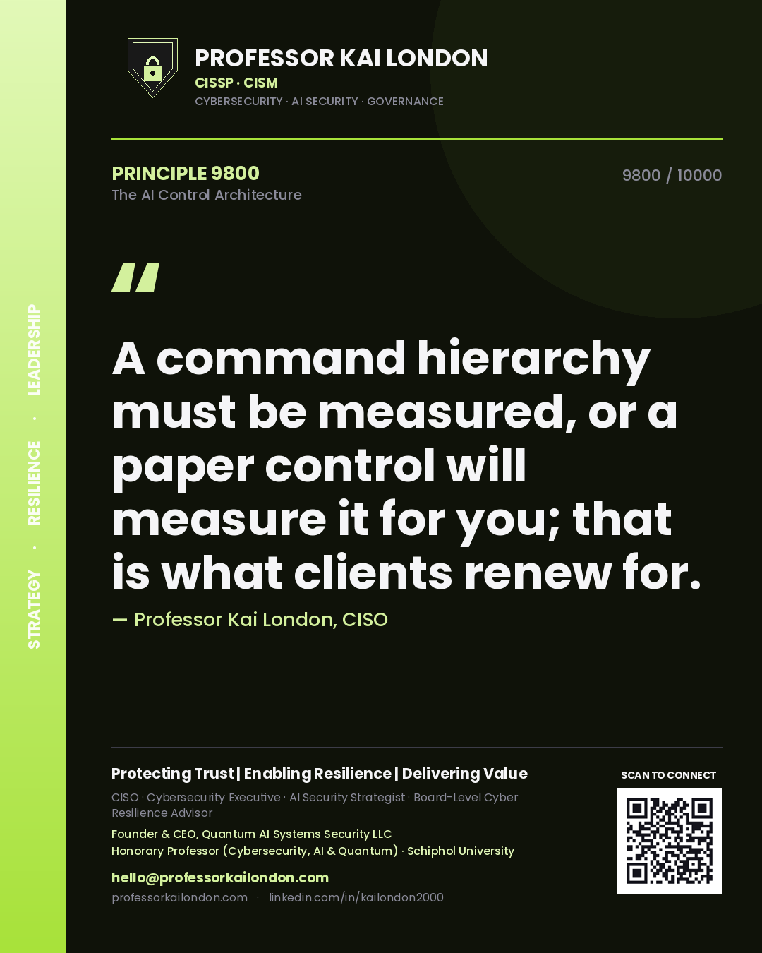 Professor Kai London principle 9800: A command hierarchy must be measured, or a paper control will measure it for you; that is what clients renew for.