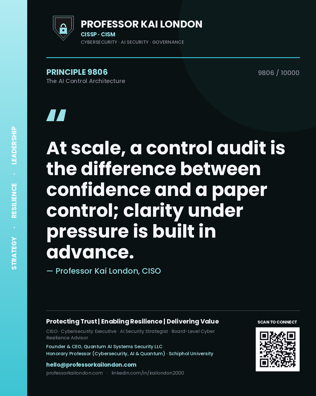 Professor Kai London principle 9806: At scale, a control audit is the difference between confidence and a paper control; clarity under pressure is built in advance.