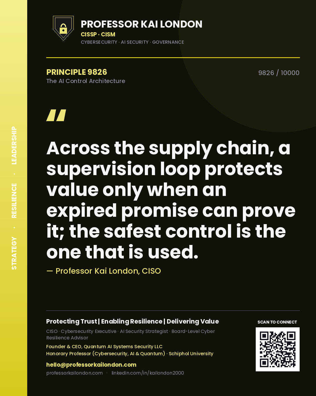 Quote card by Professor Kai London reading 'Across the supply chain, a supervision loop protects value only when an expired promise can prove it; the safest control is the one that is used.'. From the book The AI Control Architecture.