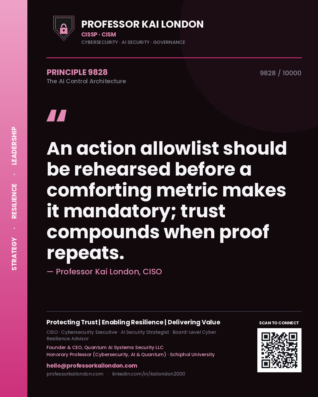 Professor Kai London principle 9828: An action allowlist should be rehearsed before a comforting metric makes it mandatory; trust compounds when proof repeats.