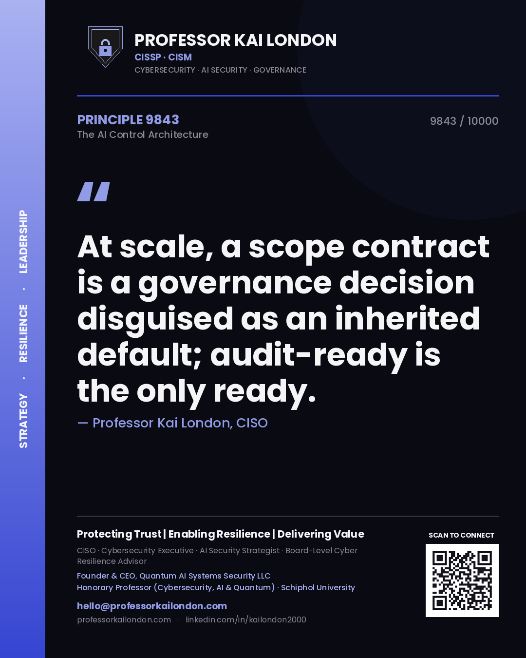 Quote card by Professor Kai London reading 'At scale, a scope contract is a governance decision disguised as an inherited default; audit-ready is the only ready.'. From the book The AI Control Architecture.