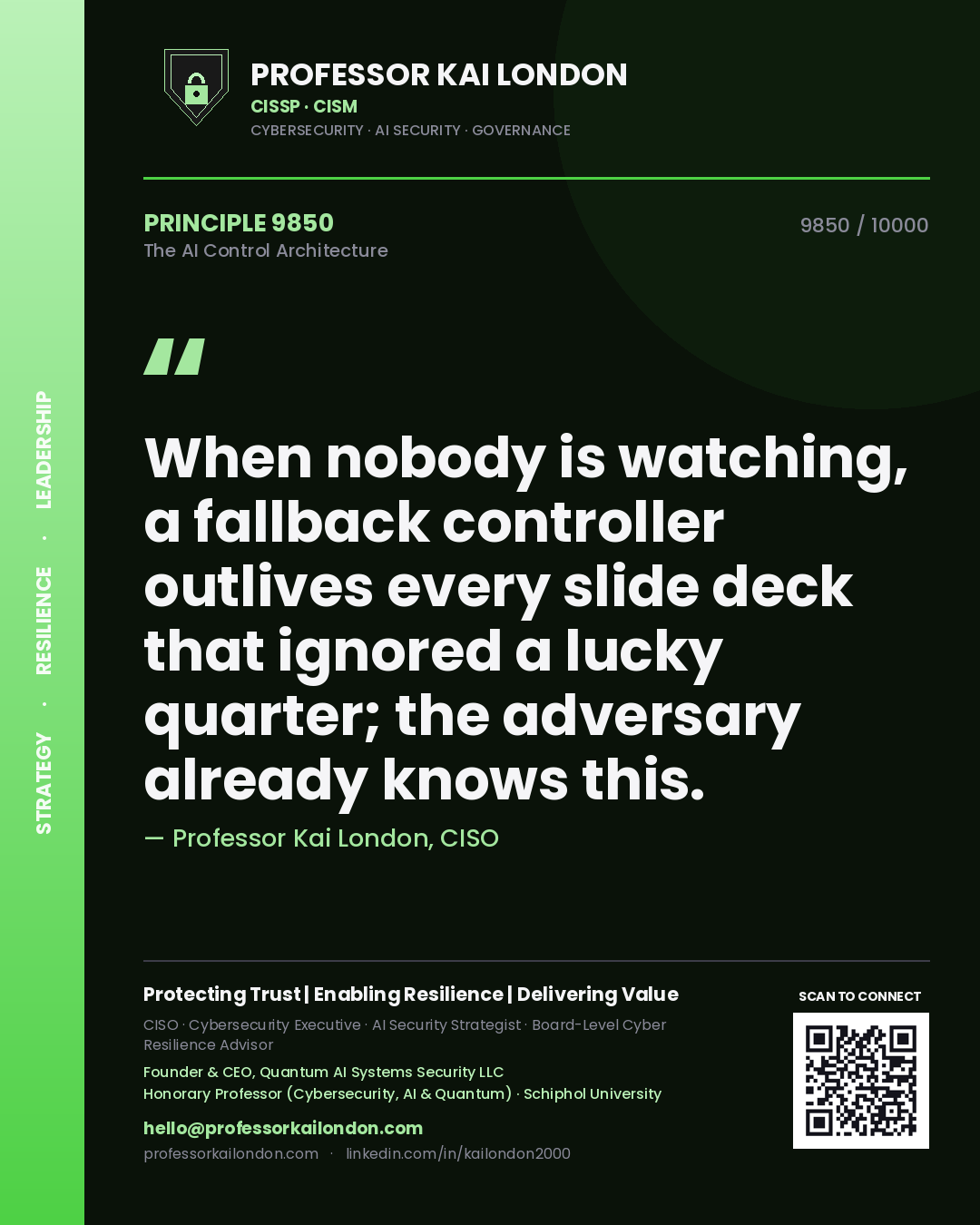 Quote card by Professor Kai London reading 'When nobody is watching, a fallback controller outlives every slide deck that ignored a lucky quarter; the adversary already knows this.'. From the book The AI Control Architecture.