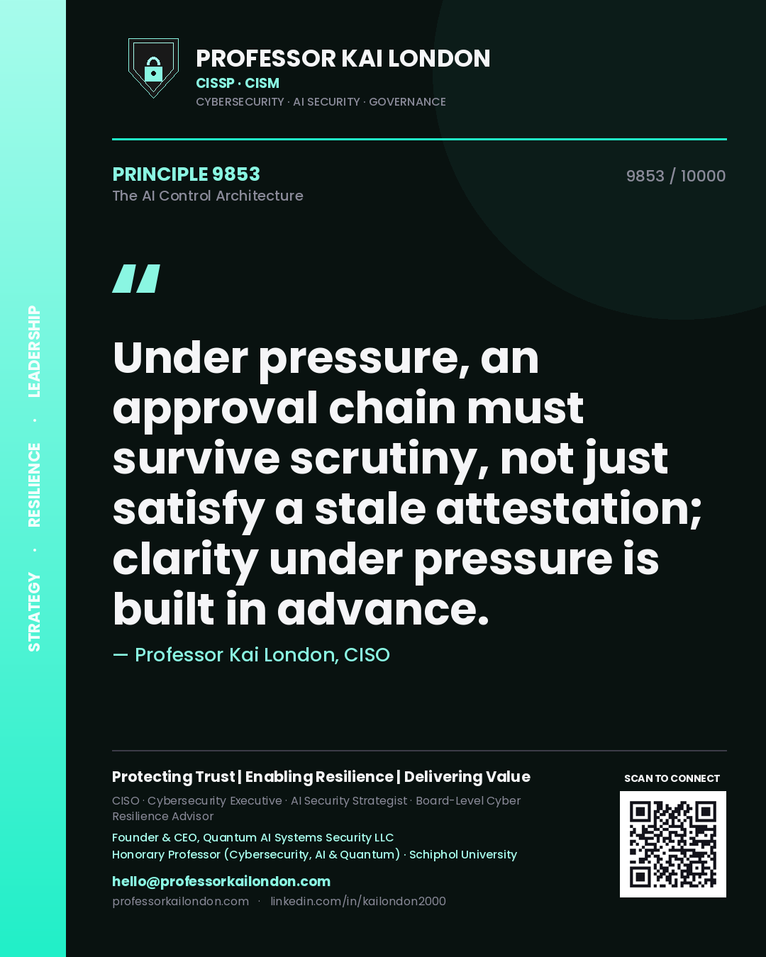 Professor Kai London principle 9853: Under pressure, an approval chain must survive scrutiny, not just satisfy a stale attestation; clarity under pressure is built in advance.