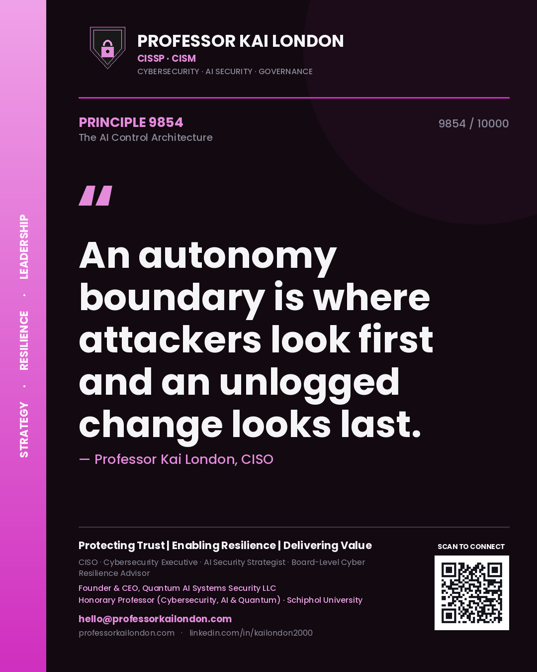 Professor Kai London principle 9854: An autonomy boundary is where attackers look first and an unlogged change looks last.