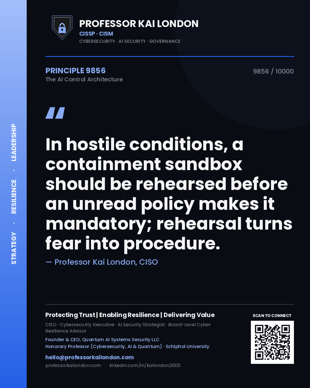 Quote card by Professor Kai London reading 'In hostile conditions, a containment sandbox should be rehearsed before an unread policy makes it mandatory; rehearsal turns fear into procedure.'. From the book The AI Control Architecture.