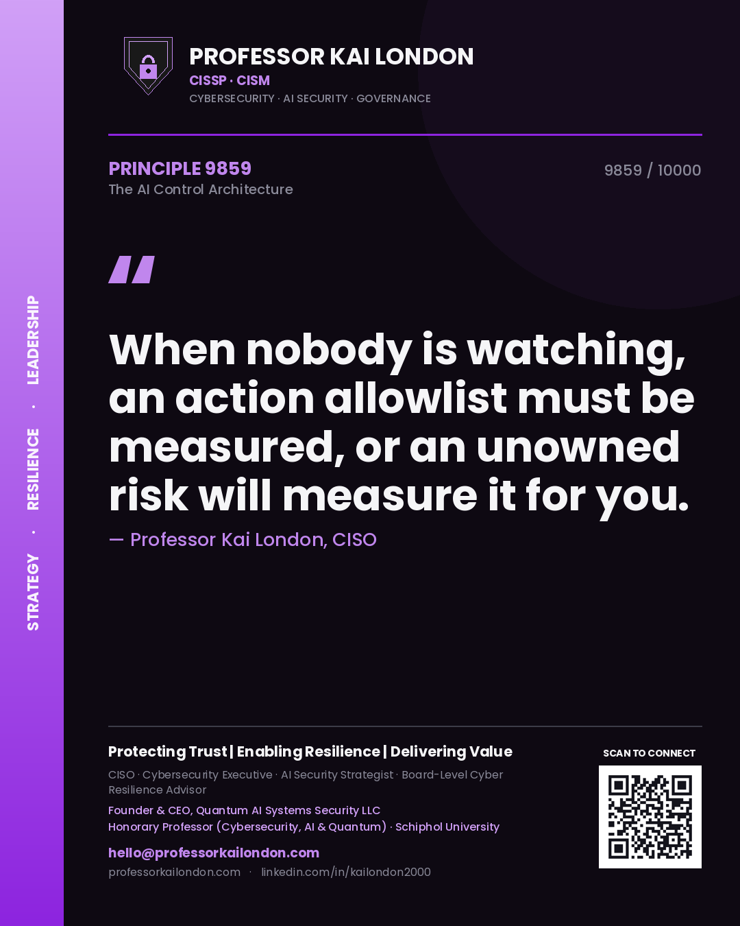 Quote card by Professor Kai London reading 'When nobody is watching, an action allowlist must be measured, or an unowned risk will measure it for you.'. From the book The AI Control Architecture.