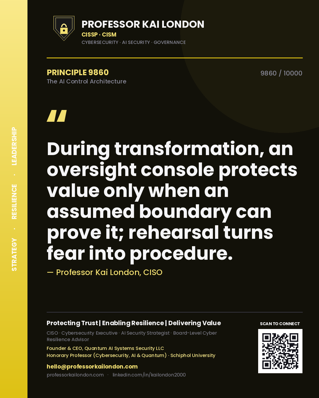 Professor Kai London principle 9860: During transformation, an oversight console protects value only when an assumed boundary can prove it; rehearsal turns fear into procedure.