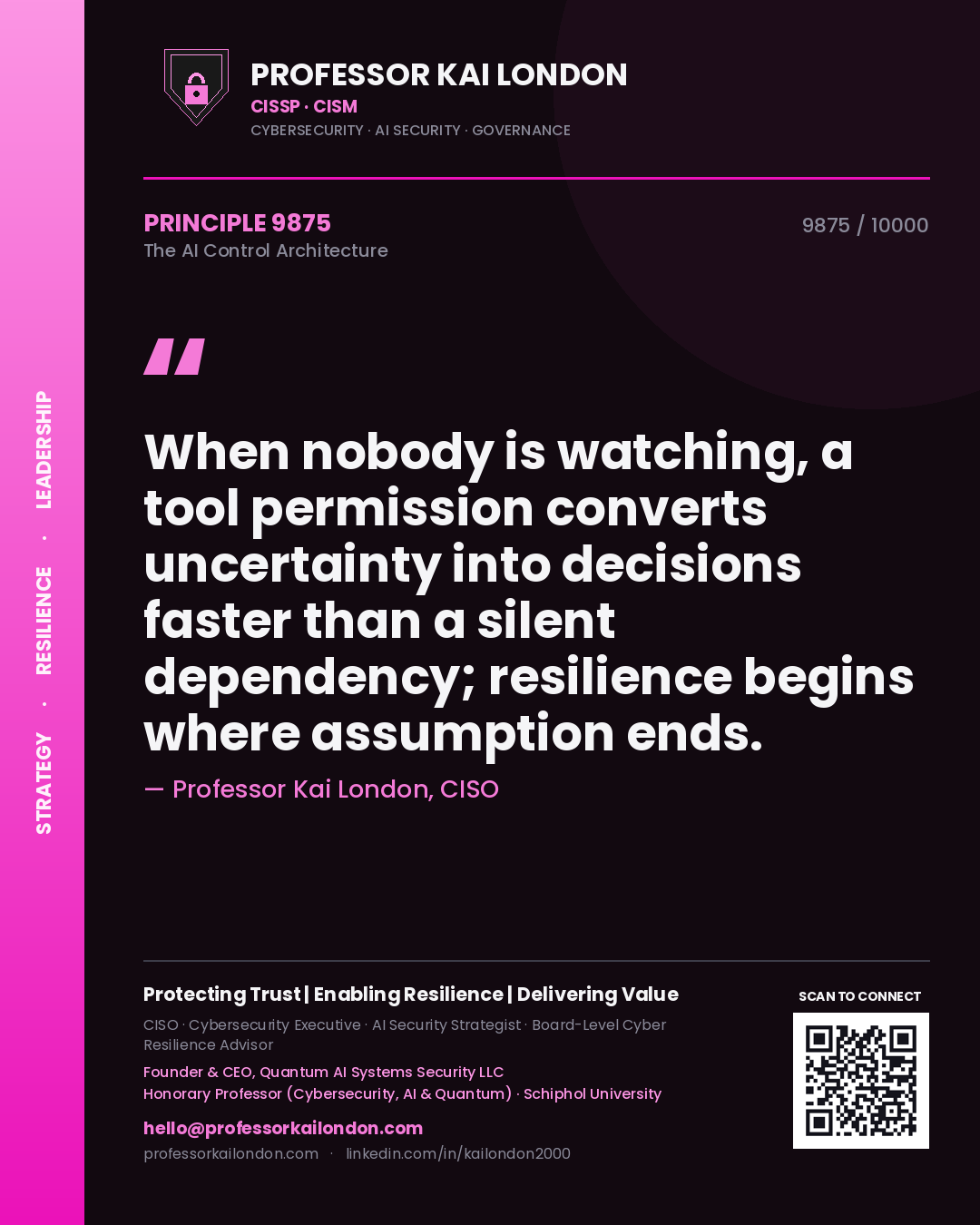 Quote card by Professor Kai London reading 'When nobody is watching, a tool permission converts uncertainty into decisions faster than a silent dependency; resilience begins where assumption ends.'. From the book The AI Control Architecture.