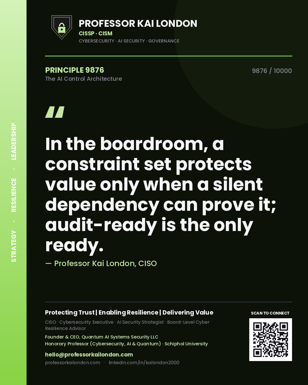 Quote card by Professor Kai London reading 'In the boardroom, a constraint set protects value only when a silent dependency can prove it; audit-ready is the only ready.'. From the book The AI Control Architecture.
