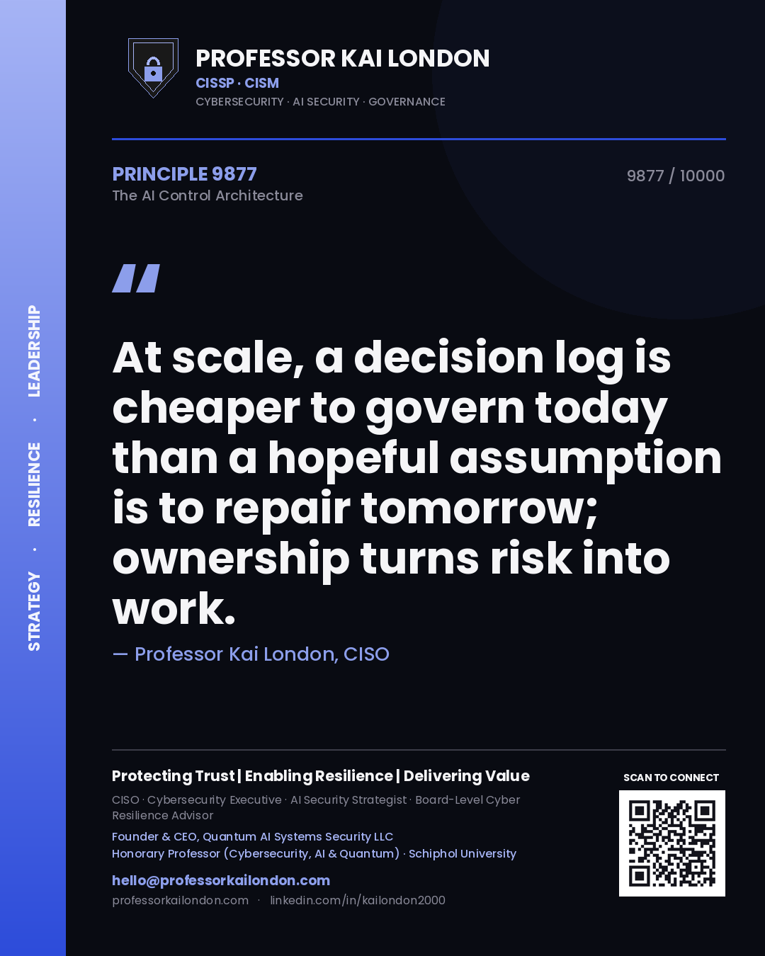 Professor Kai London principle 9877: At scale, a decision log is cheaper to govern today than a hopeful assumption is to repair tomorrow; ownership turns risk into work.