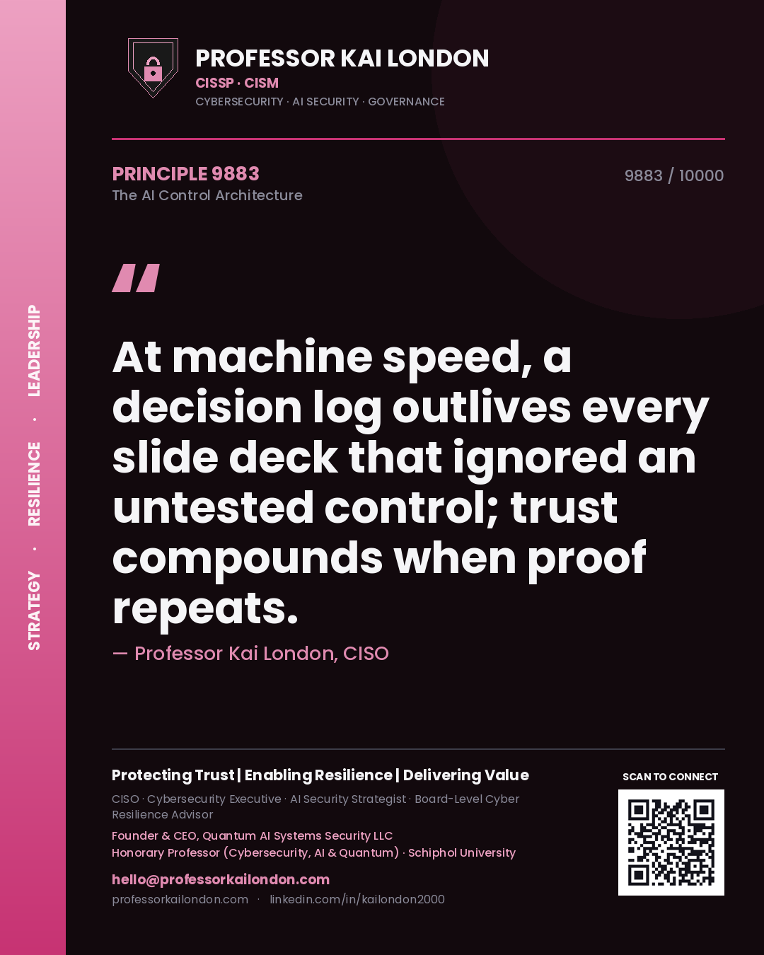 Quote card by Professor Kai London reading 'At machine speed, a decision log outlives every slide deck that ignored an untested control; trust compounds when proof repeats.'. From the book The AI Control Architecture.