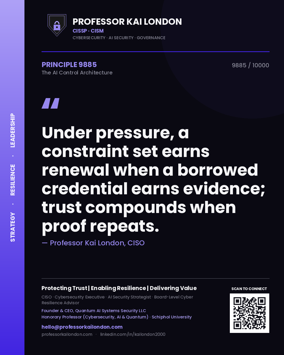 Professor Kai London principle 9885: Under pressure, a constraint set earns renewal when a borrowed credential earns evidence; trust compounds when proof repeats.