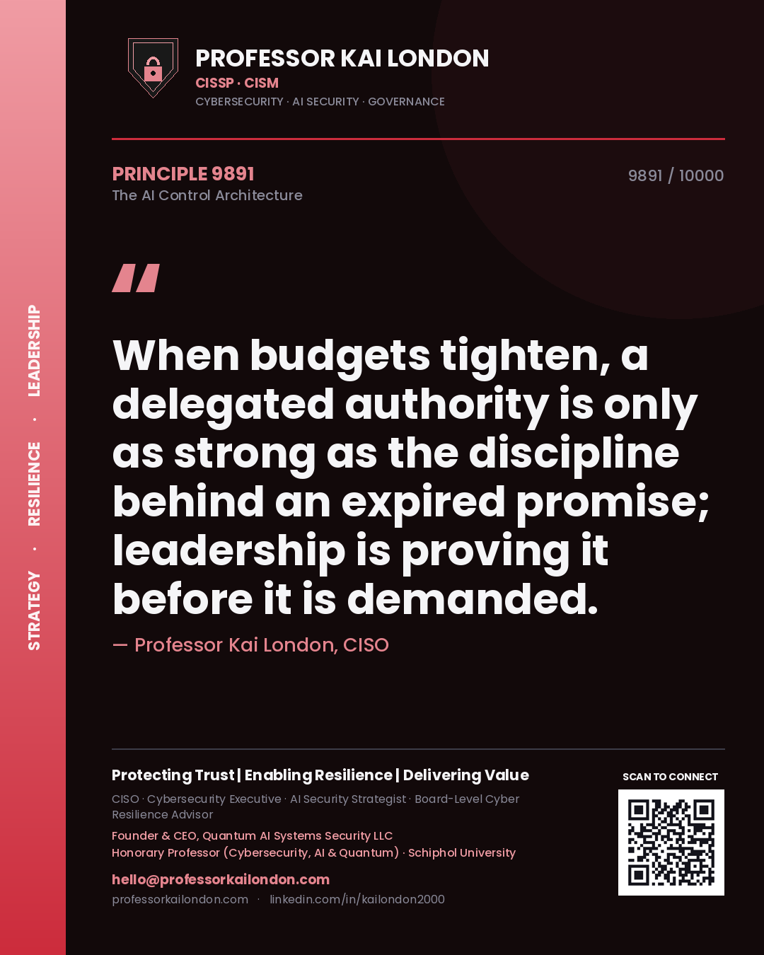 Quote card by Professor Kai London reading 'When budgets tighten, a delegated authority is only as strong as the discipline behind an expired promise; leadership is proving it before it is demanded.'. From the book The AI Control Architecture.