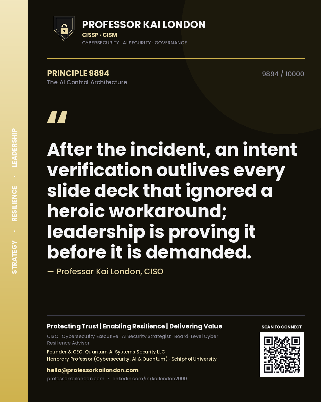 Quote card by Professor Kai London reading 'After the incident, an intent verification outlives every slide deck that ignored a heroic workaround; leadership is proving it before it is demanded.'. From the book The AI Control Architecture.