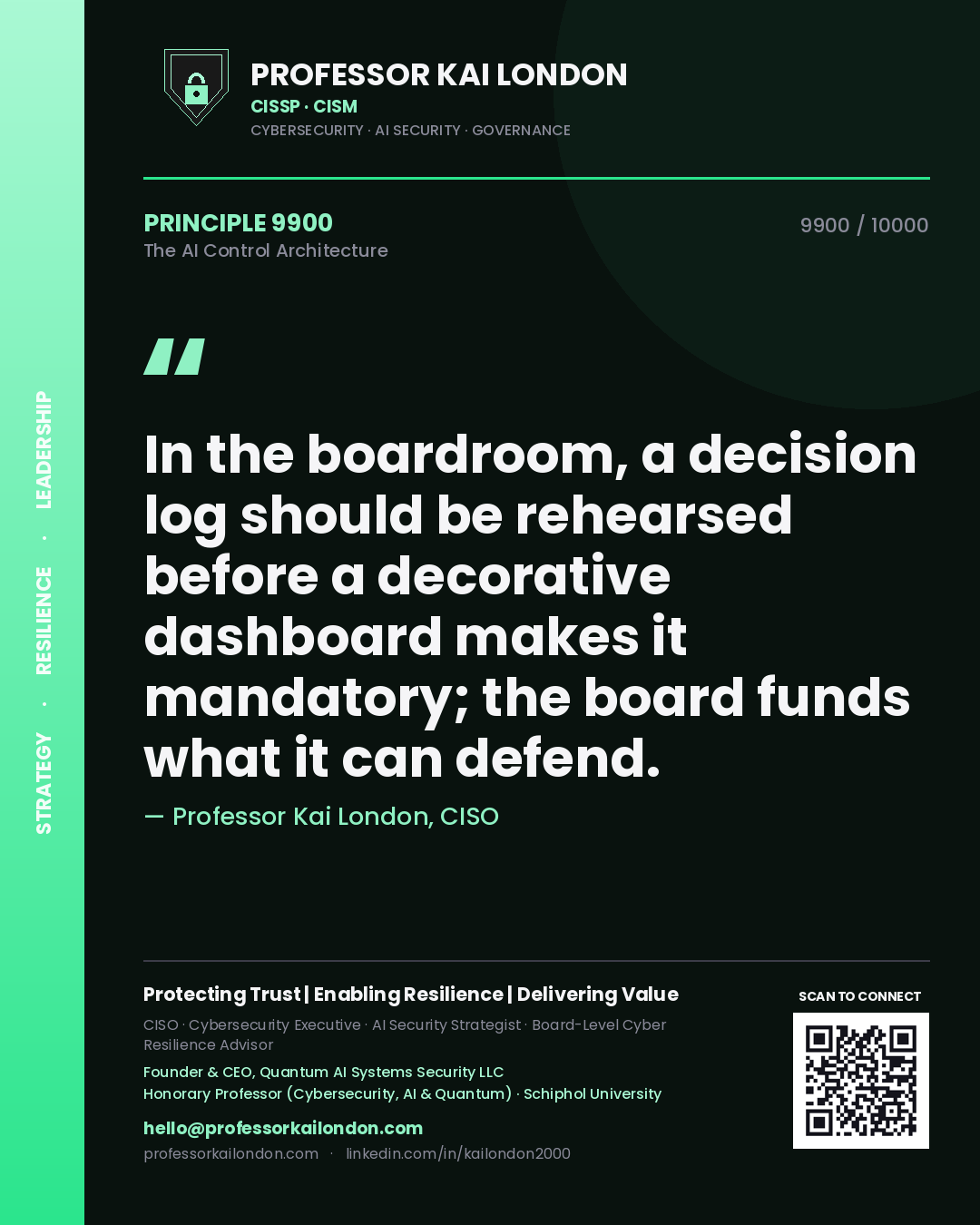 Professor Kai London principle 9900: In the boardroom, a decision log should be rehearsed before a decorative dashboard makes it mandatory; the board funds what it can defend.