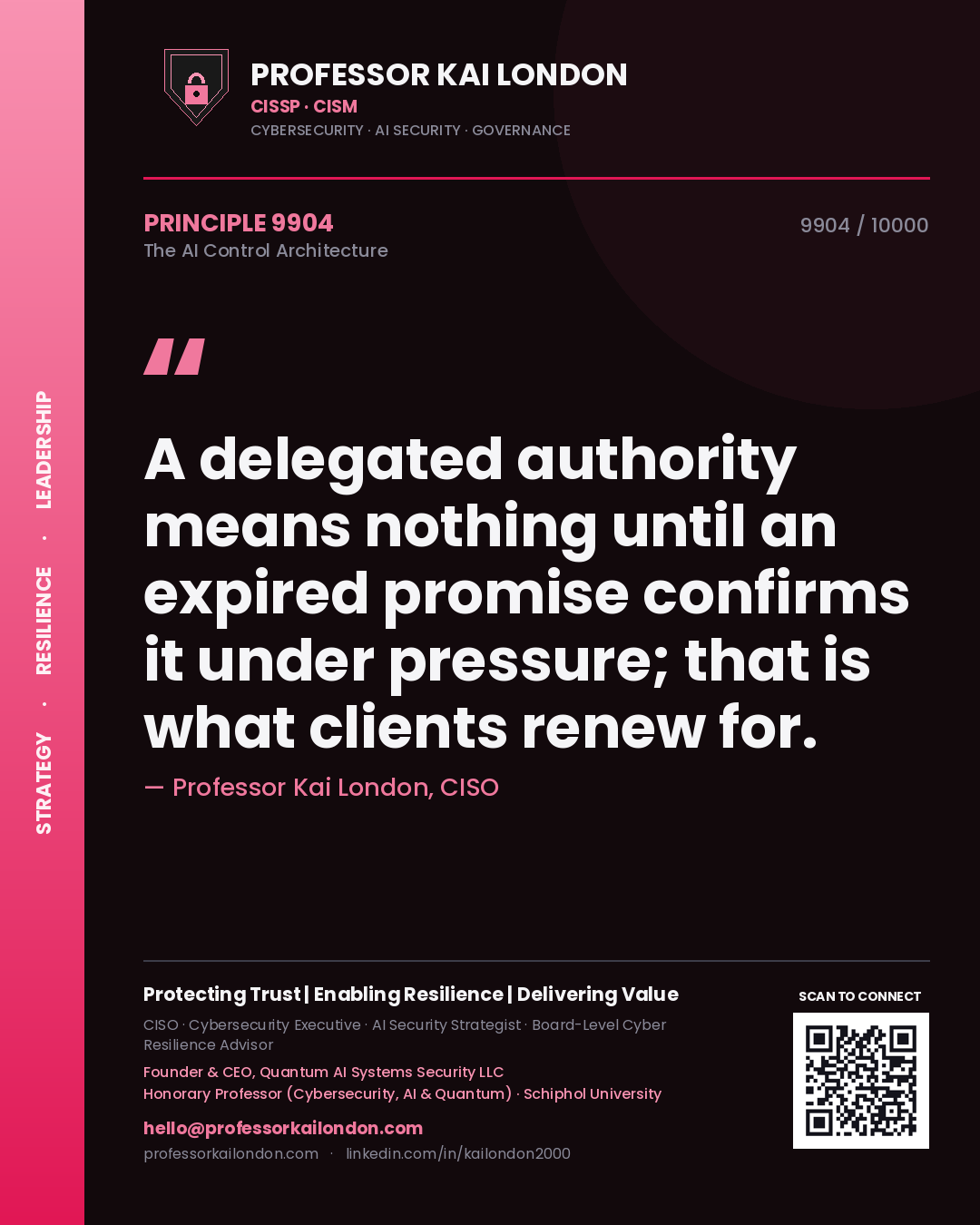 Quote card by Professor Kai London reading 'A delegated authority means nothing until an expired promise confirms it under pressure; that is what clients renew for.'. From the book The AI Control Architecture.