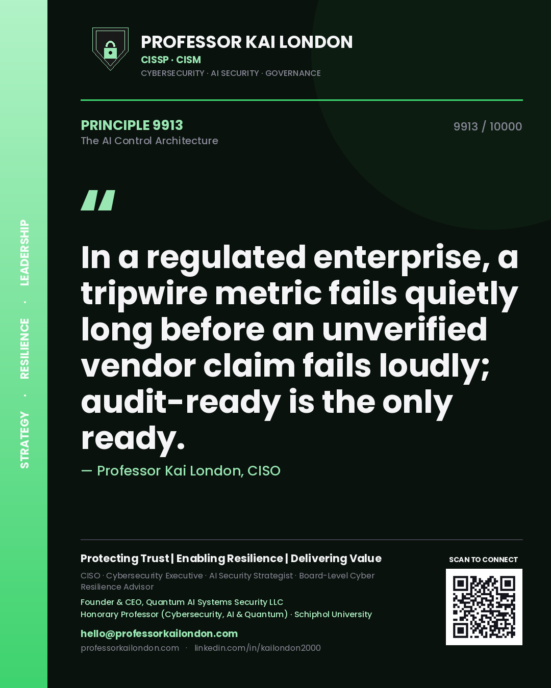 Professor Kai London principle 9913: In a regulated enterprise, a tripwire metric fails quietly long before an unverified vendor claim fails loudly; audit-ready is the only ready.