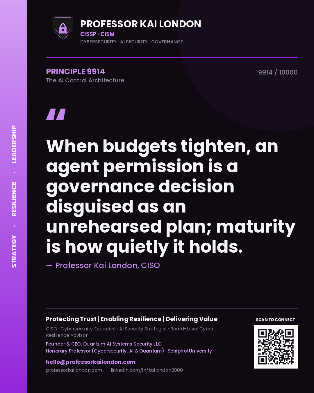 Quote card by Professor Kai London reading 'When budgets tighten, an agent permission is a governance decision disguised as an unrehearsed plan; maturity is how quietly it holds.'. From the book The AI Control Architecture.