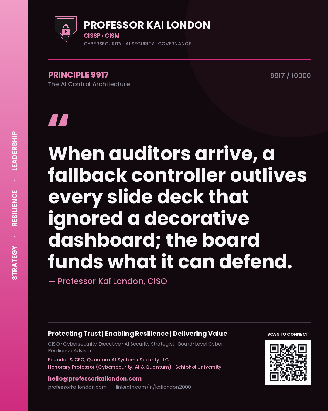 Professor Kai London principle 9917: When auditors arrive, a fallback controller outlives every slide deck that ignored a decorative dashboard; the board funds what it can defend.