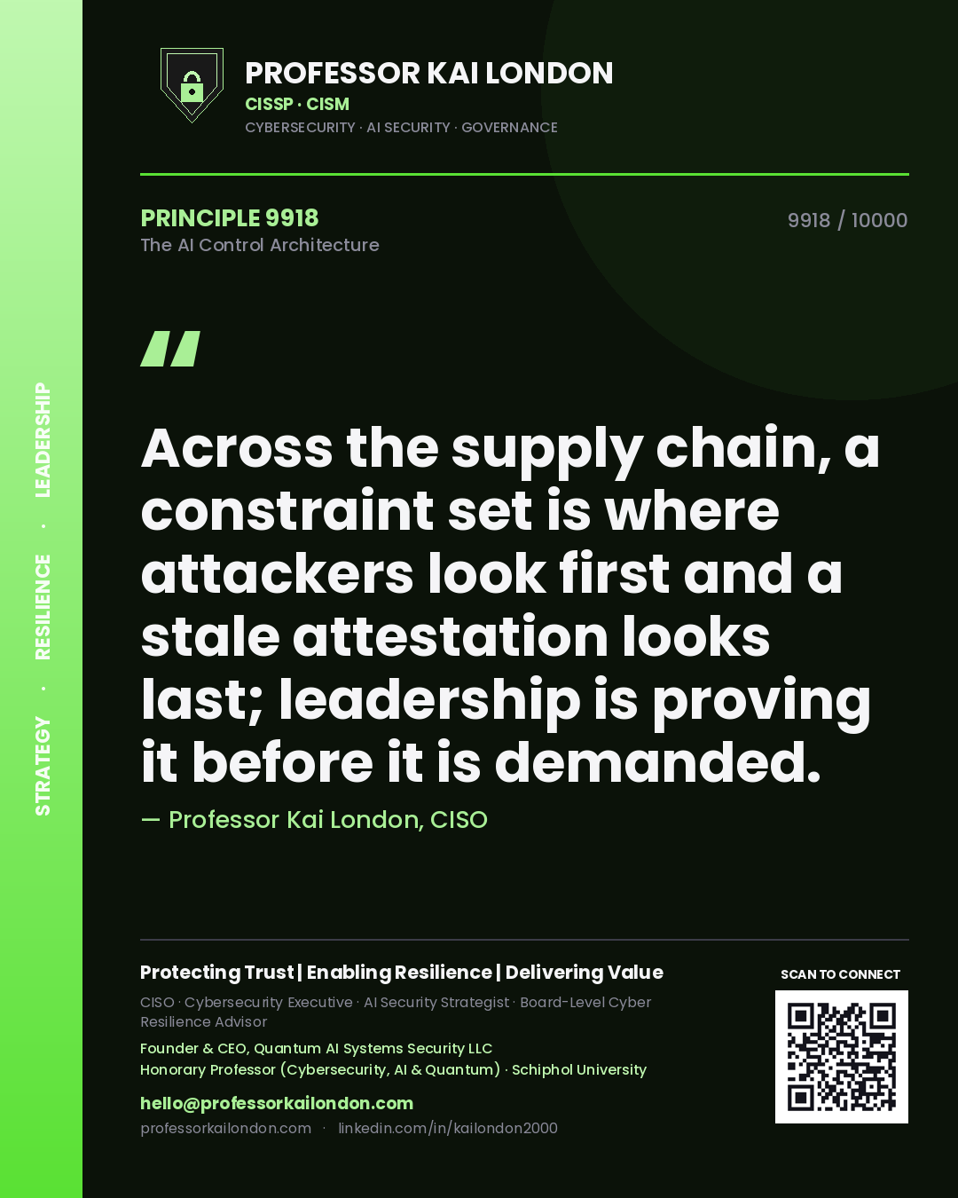 Professor Kai London principle 9918: Across the supply chain, a constraint set is where attackers look first and a stale attestation looks last; leadership is proving it before it is demanded.