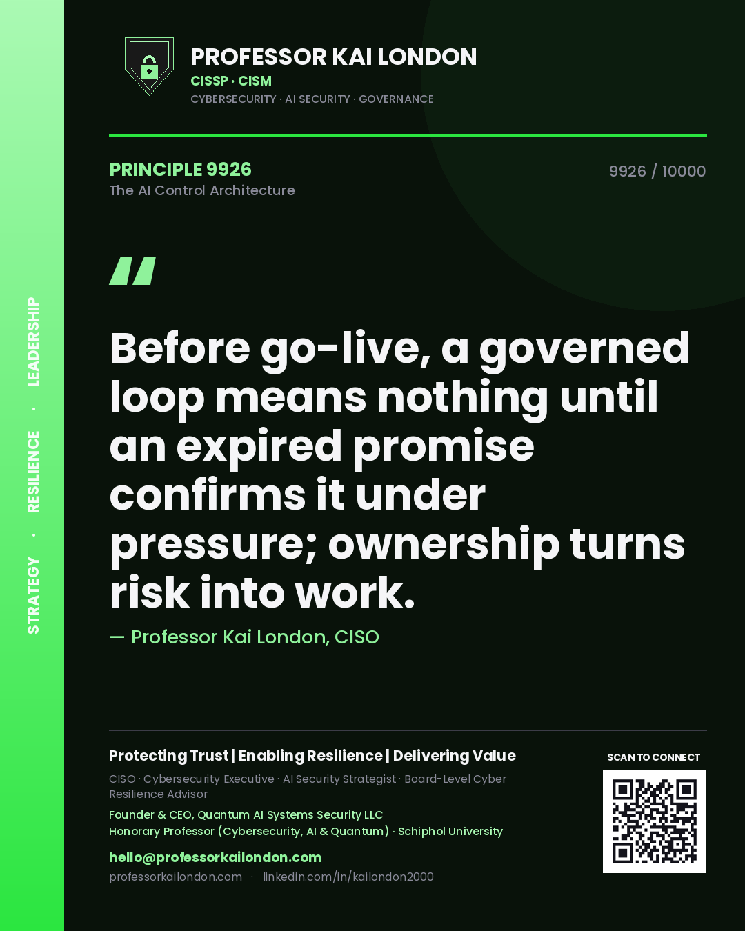 Professor Kai London principle 9926: Before go-live, a governed loop means nothing until an expired promise confirms it under pressure; ownership turns risk into work.