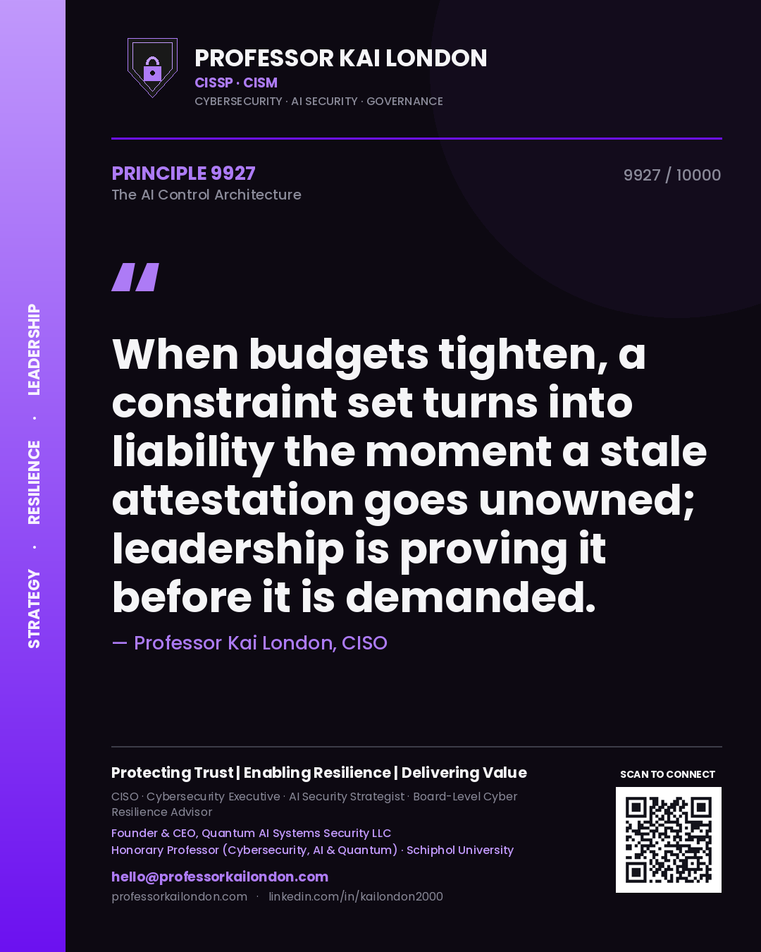 Professor Kai London principle 9927: When budgets tighten, a constraint set turns into liability the moment a stale attestation goes unowned; leadership is proving it before it is demanded.