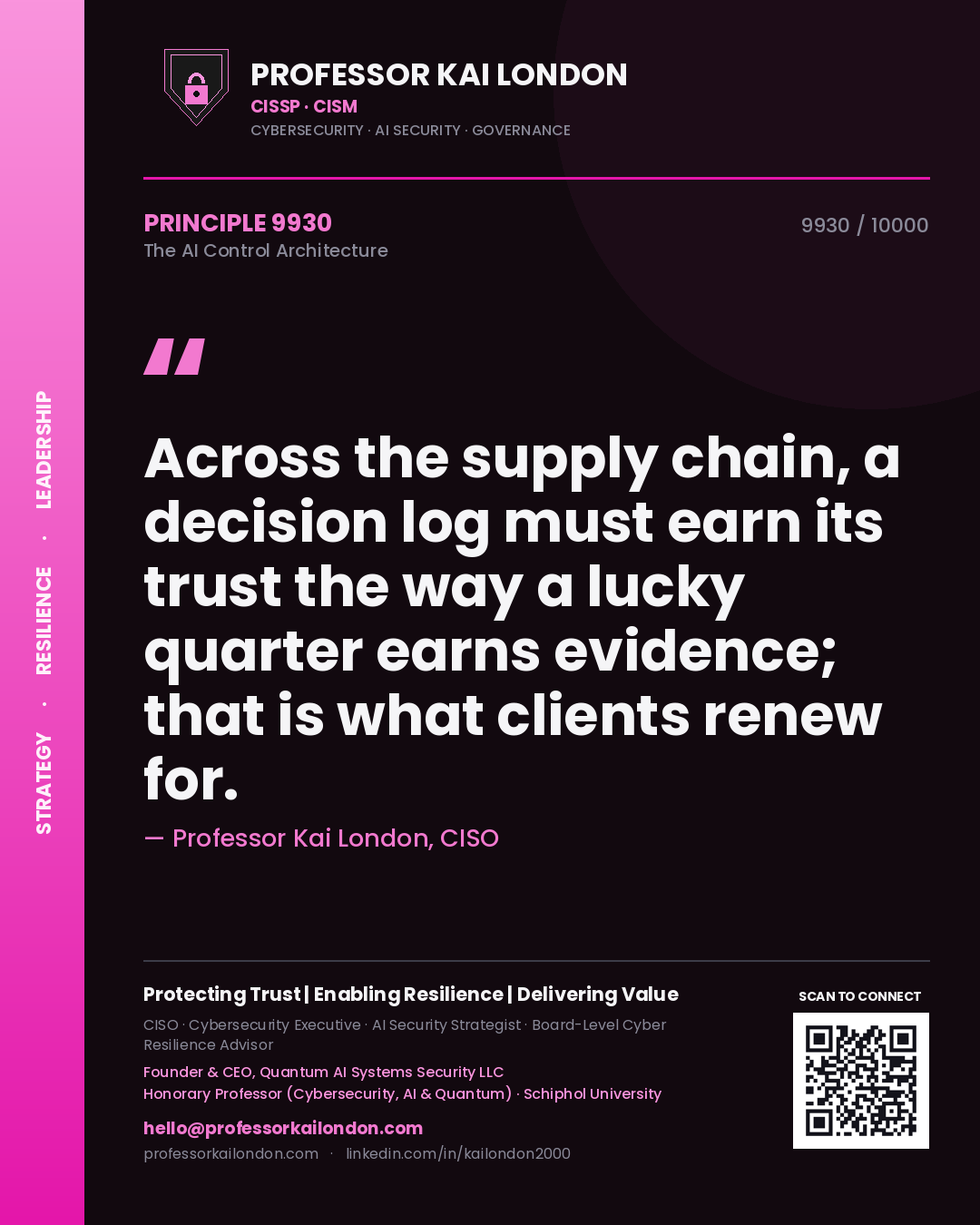 Quote card by Professor Kai London reading 'Across the supply chain, a decision log must earn its trust the way a lucky quarter earns evidence; that is what clients renew for.'. From the book The AI Control Architecture.