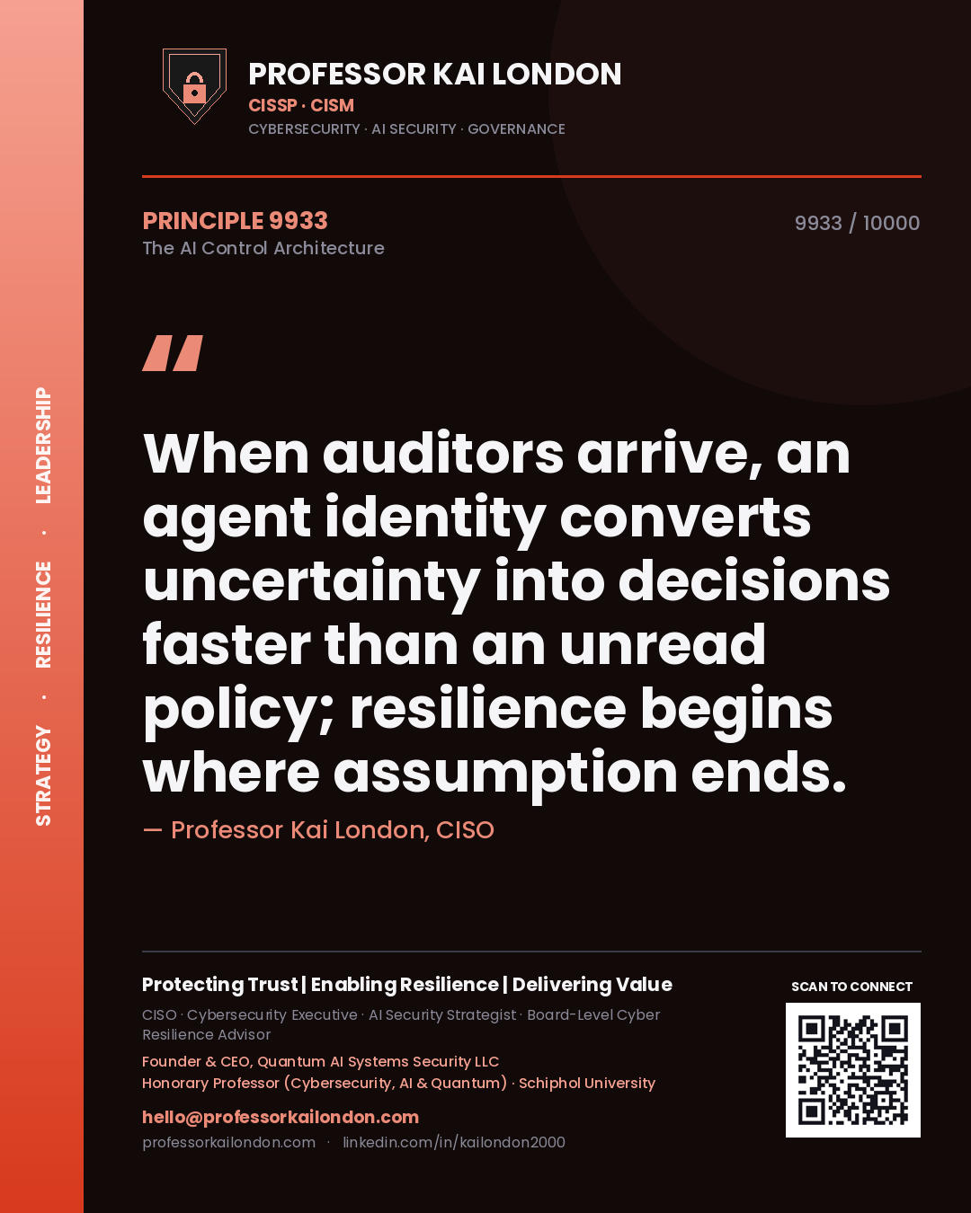 Quote card by Professor Kai London reading 'When auditors arrive, an agent identity converts uncertainty into decisions faster than an unread policy; resilience begins where assumption ends.'. From the book The AI Control Architecture.