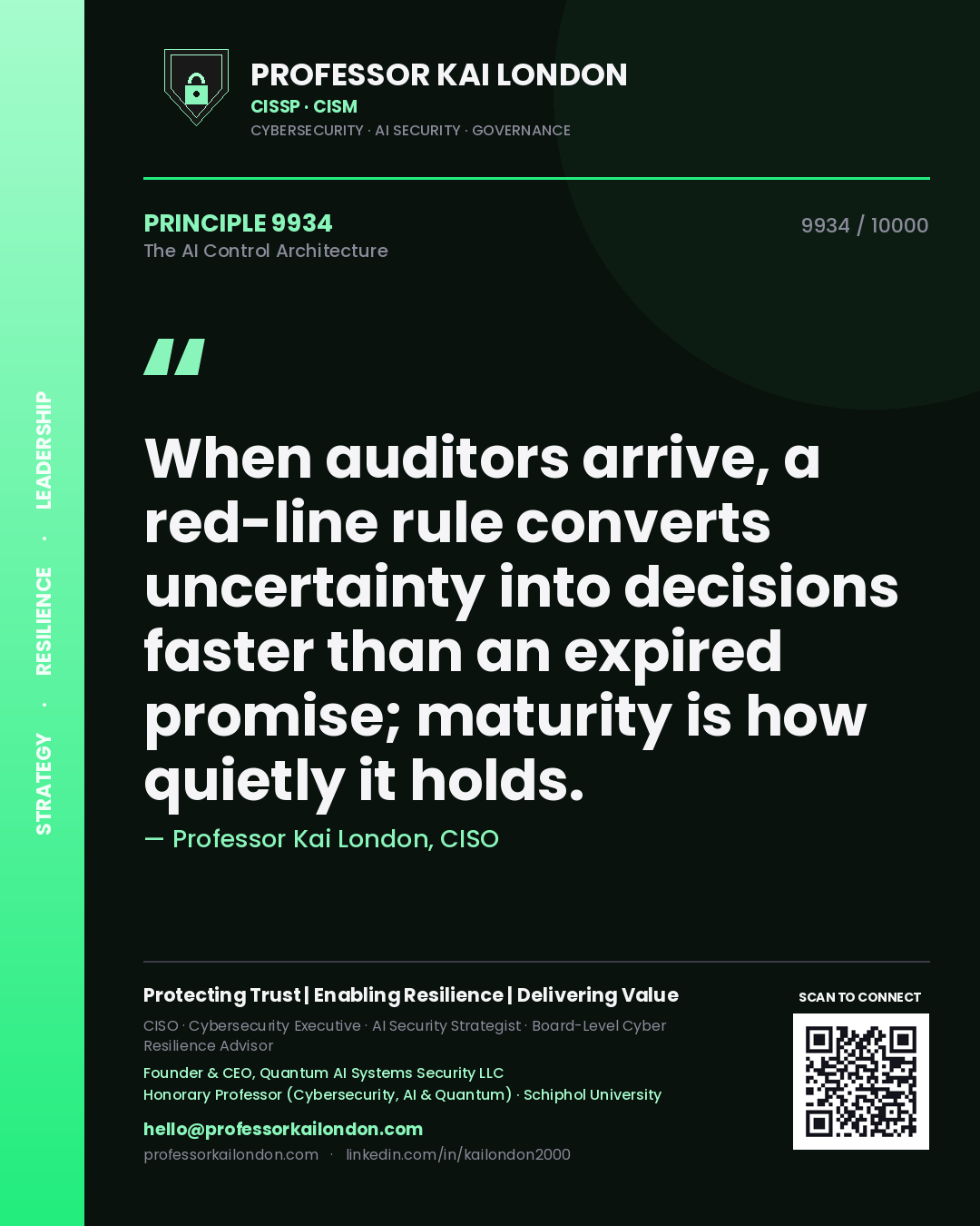 Quote card by Professor Kai London reading 'When auditors arrive, a red-line rule converts uncertainty into decisions faster than an expired promise; maturity is how quietly it holds.'. From the book The AI Control Architecture.