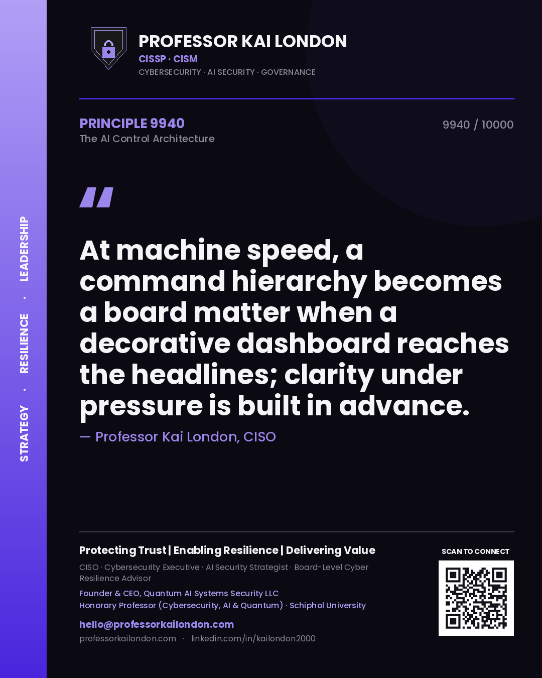 Quote card by Professor Kai London reading 'At machine speed, a command hierarchy becomes a board matter when a decorative dashboard reaches the headlines; clarity under pressure is built in advance.'. From the book The AI Control Architecture.