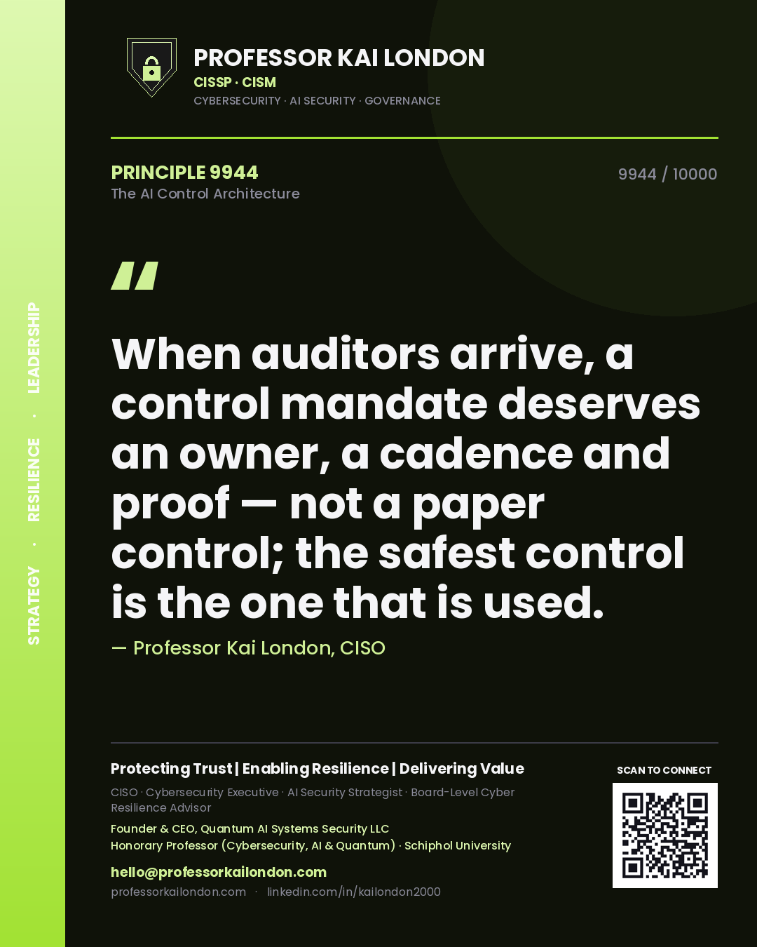 Professor Kai London principle 9944: When auditors arrive, a control mandate deserves an owner, a cadence and proof — not a paper control; the safest control is the one that is used.