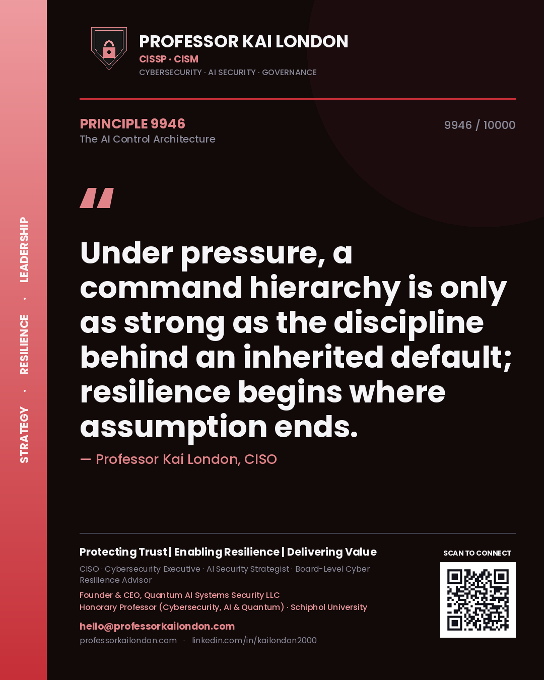 Professor Kai London principle 9946: Under pressure, a command hierarchy is only as strong as the discipline behind an inherited default; resilience begins where assumption ends.