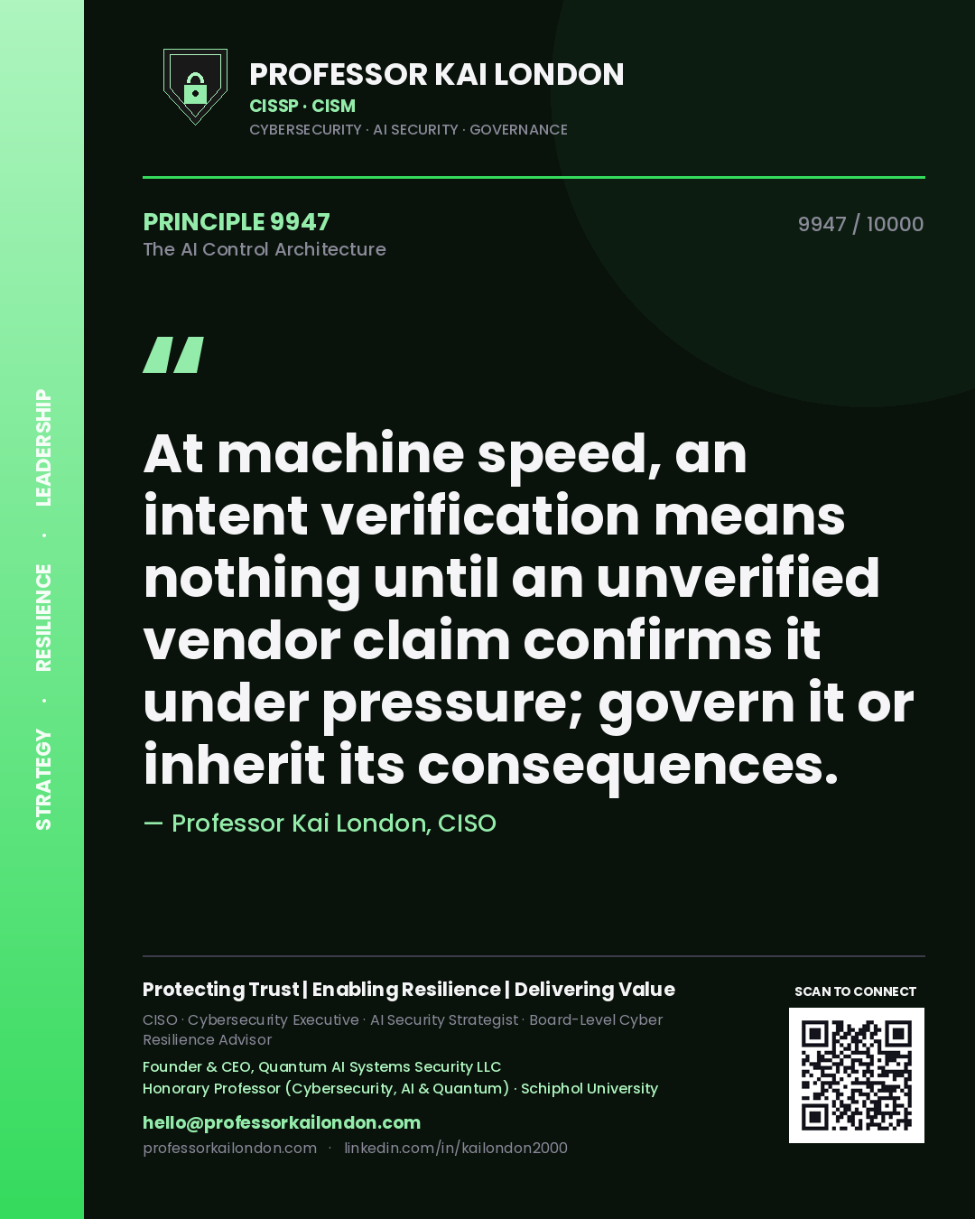Professor Kai London principle 9947: At machine speed, an intent verification means nothing until an unverified vendor claim confirms it under pressure; govern it or inherit its consequences.