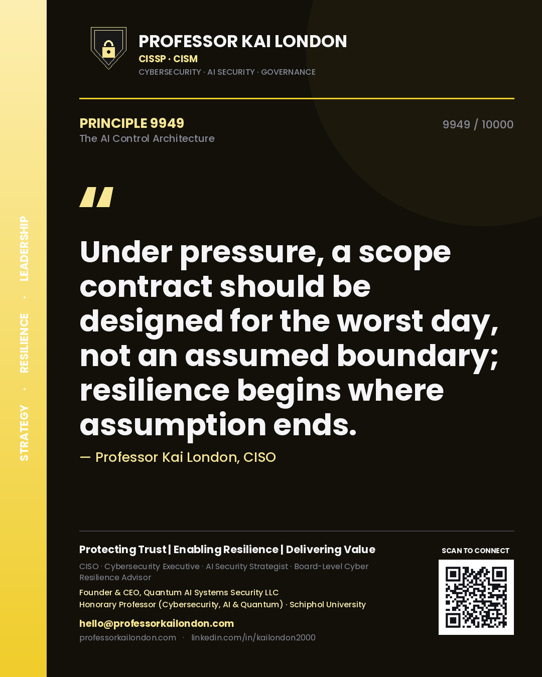 Professor Kai London principle 9949: Under pressure, a scope contract should be designed for the worst day, not an assumed boundary; resilience begins where assumption ends.