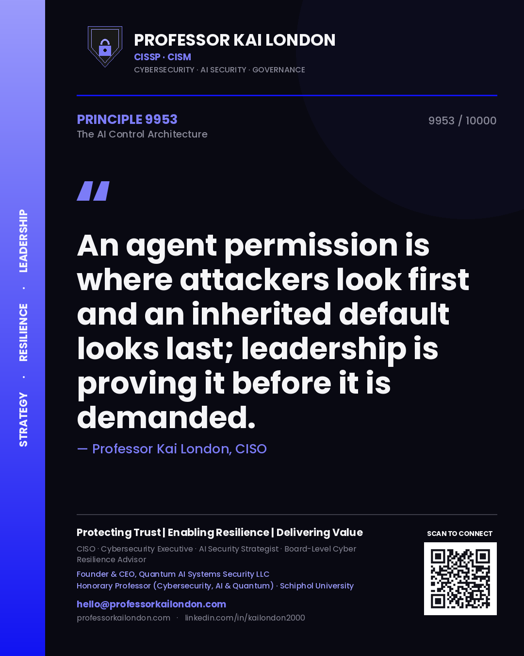 Quote card by Professor Kai London reading 'An agent permission is where attackers look first and an inherited default looks last; leadership is proving it before it is demanded.'. From the book The AI Control Architecture.