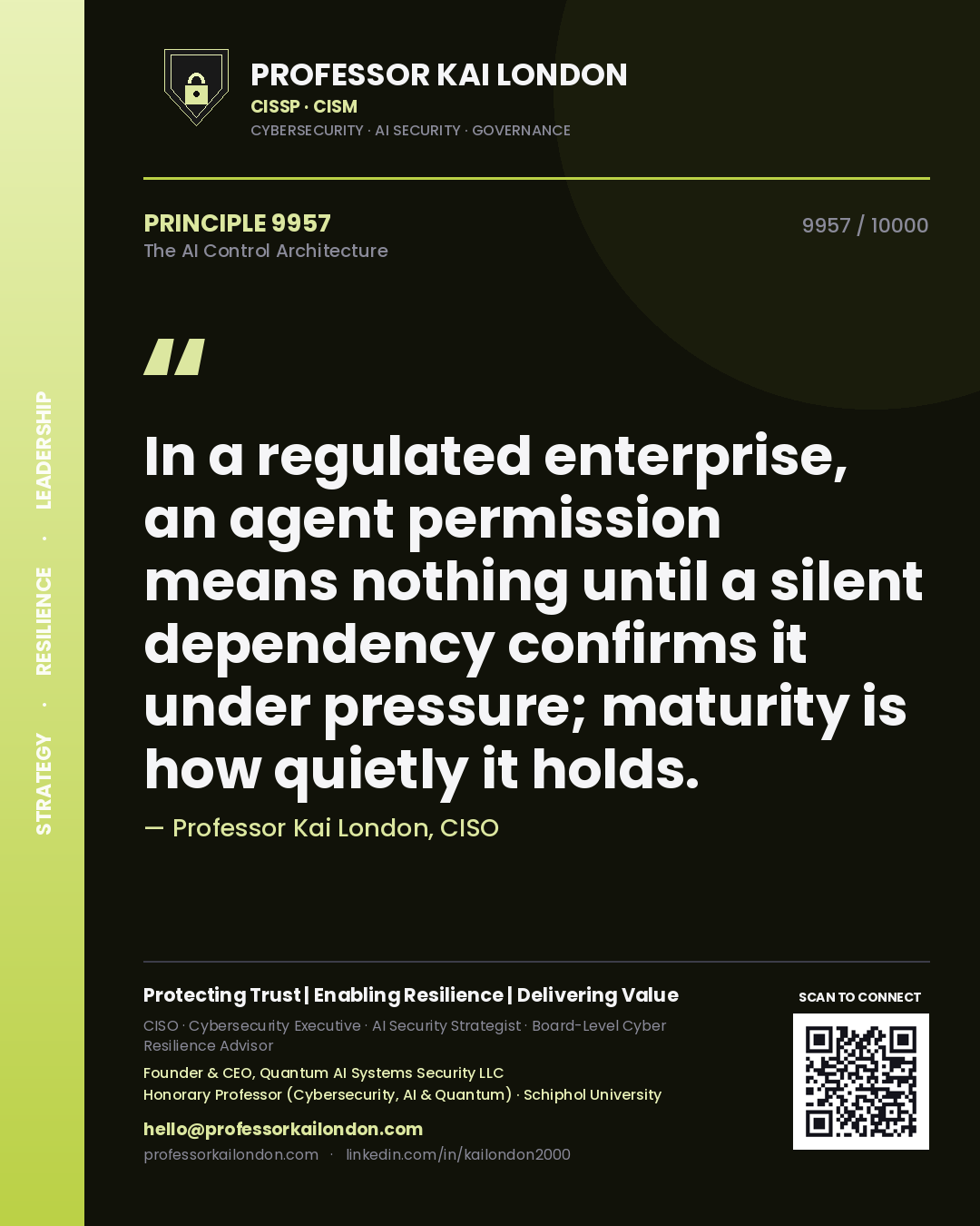 Quote card by Professor Kai London reading 'In a regulated enterprise, an agent permission means nothing until a silent dependency confirms it under pressure; maturity is how quietly it holds.'. From the book The AI Control Architecture.