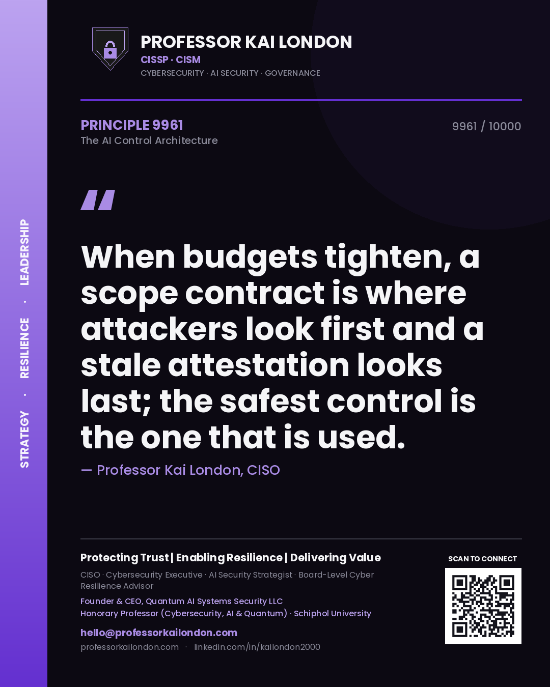 Professor Kai London principle 9961: When budgets tighten, a scope contract is where attackers look first and a stale attestation looks last; the safest control is the one that is used.